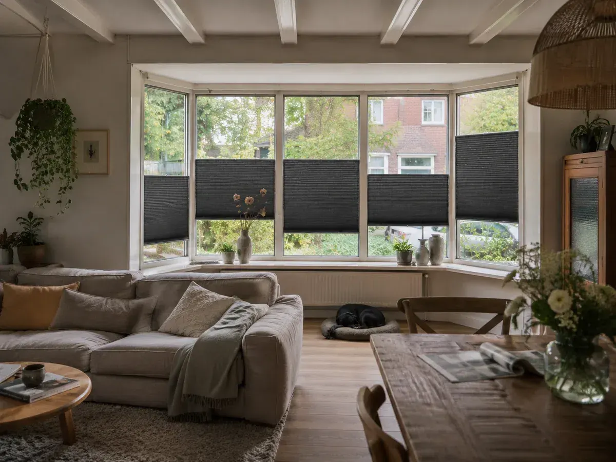 Tuinkamer met donkere plisségordijnen