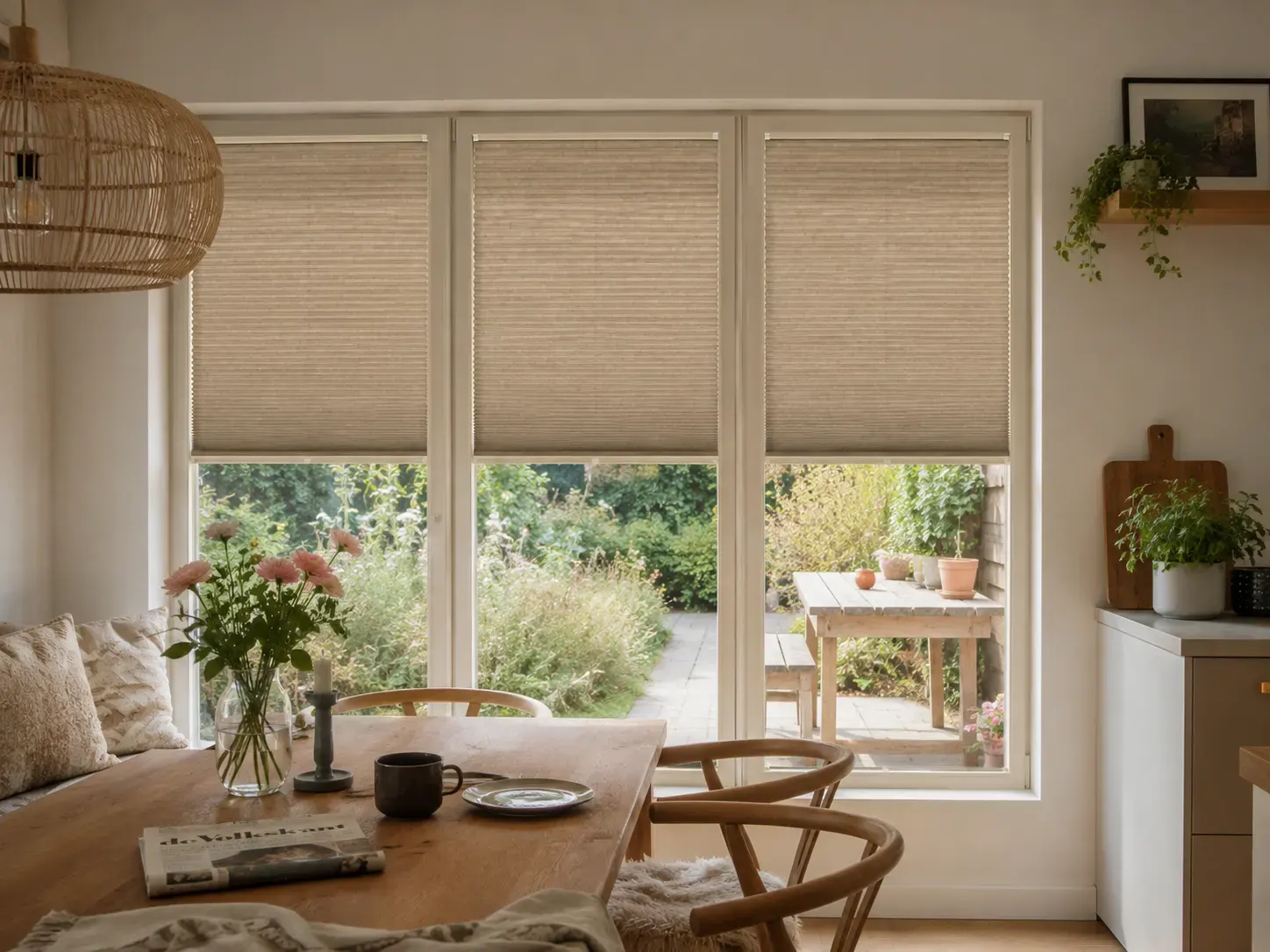 Gezellige eetkamer met drie beige Stick & Fit-plissés en tuindeuren