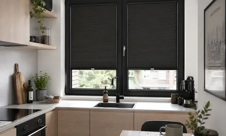 Aluminium kantoorraam met donker plisségordijn