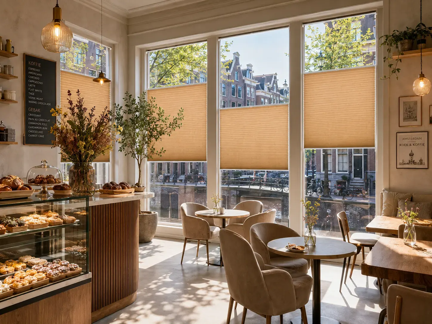 Restaurant met hoge ramen en donkere Stick & Fit-plisségordijnen