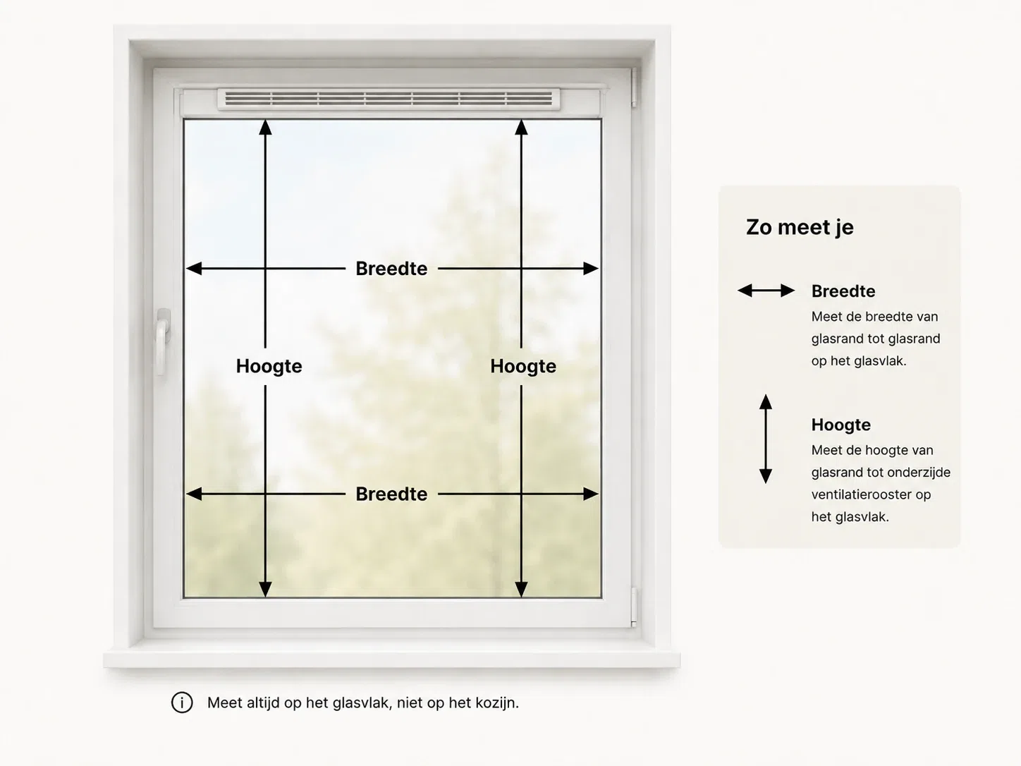 Inmeettekening voor een raam met luchtrooster: hoogte meten tot de onderzijde van het rooster