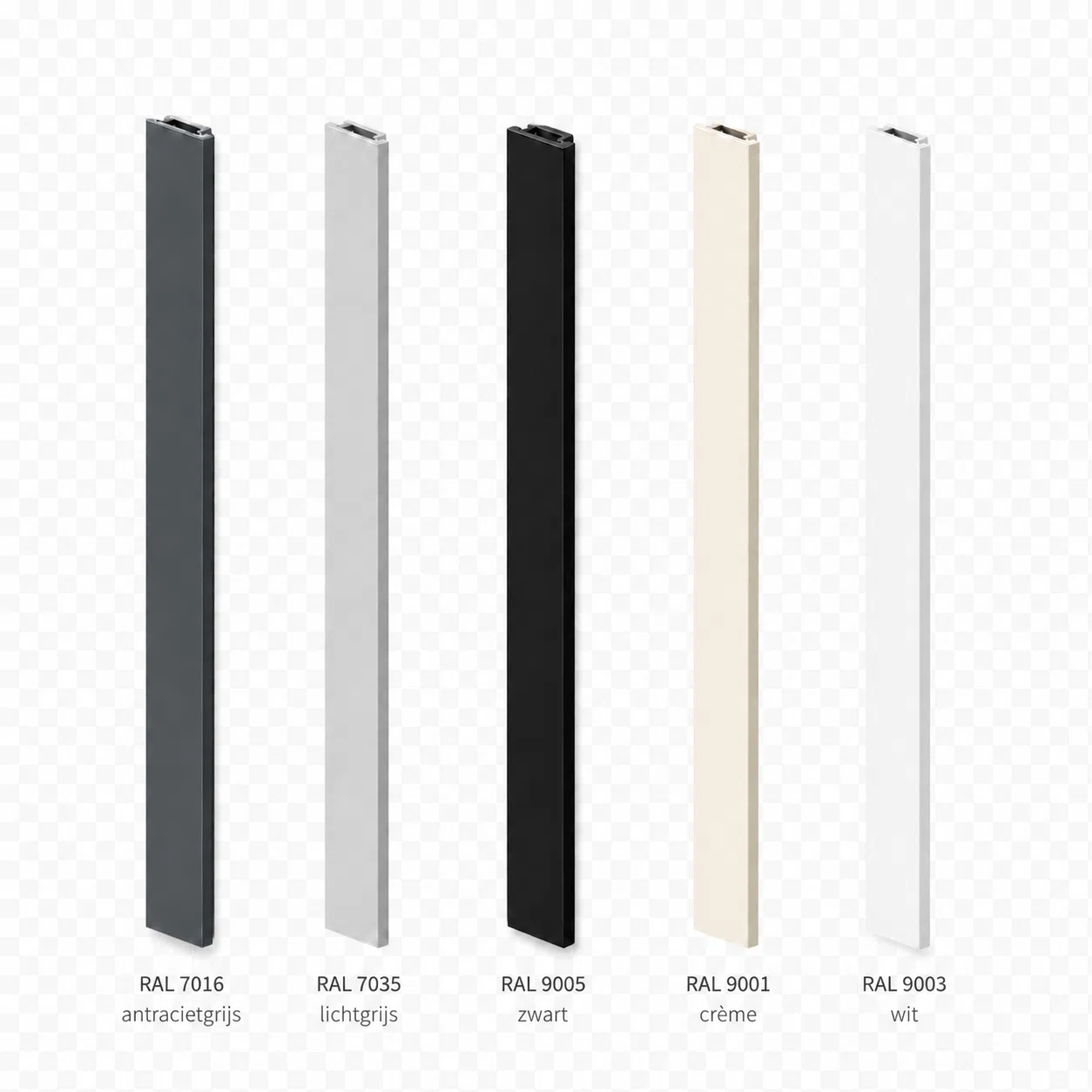 Vijf kleuren plakprofiel: RAL 7016, RAL 7035, RAL 9005, RAL 9001 en RAL 9003