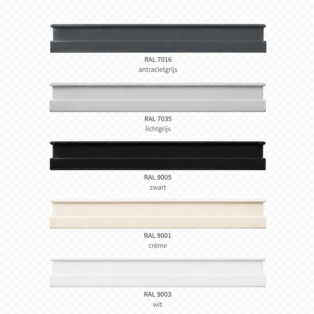 Vijf kleuren greeploze bedieningslat: RAL 7016, RAL 7035, RAL 9005, RAL 9001 en RAL 9003