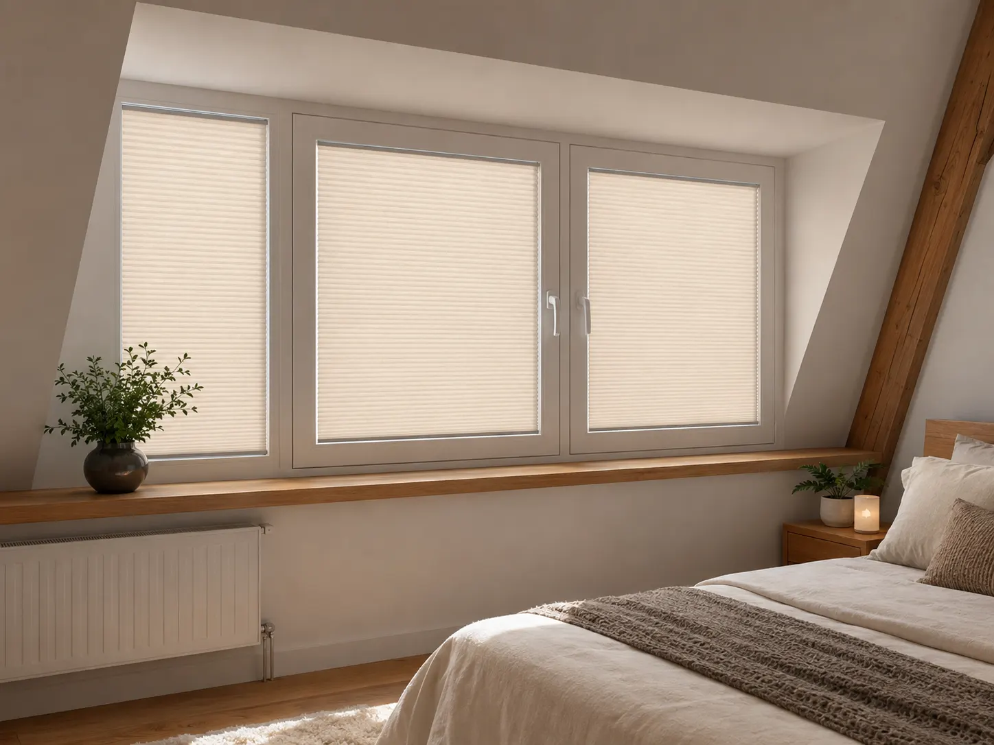 Lichtdoorlatende plisségordijnen in een slaapkamer