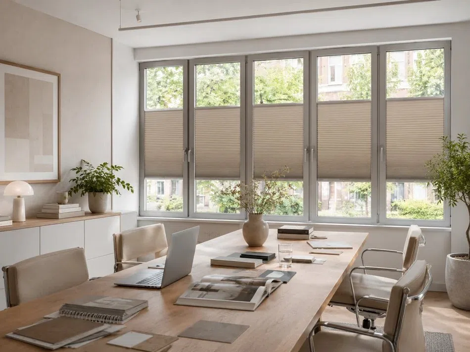 Werkkamer met warmgrijze plisségordijnen