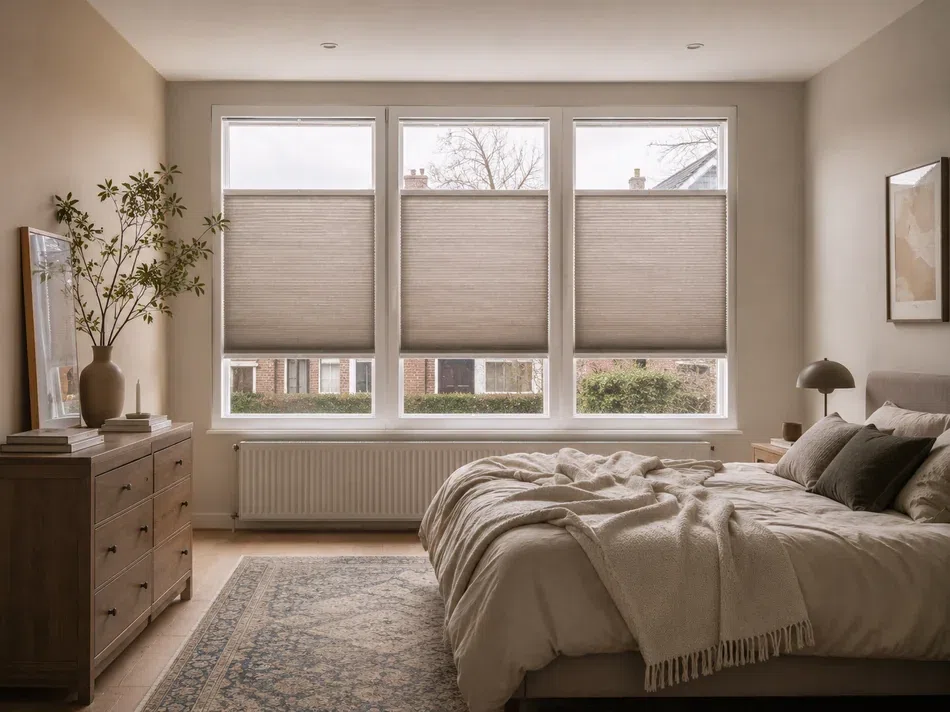 Lichtdoorlatende Stick & Fit-plisségordijnen in een slaapkamer